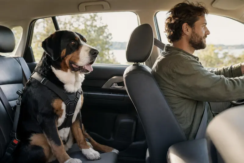 Ein Großer Schweizer Sennenhund sitzt sicher angeschnallt auf der Rückbank eines Autos, während der Besitzer fährt.