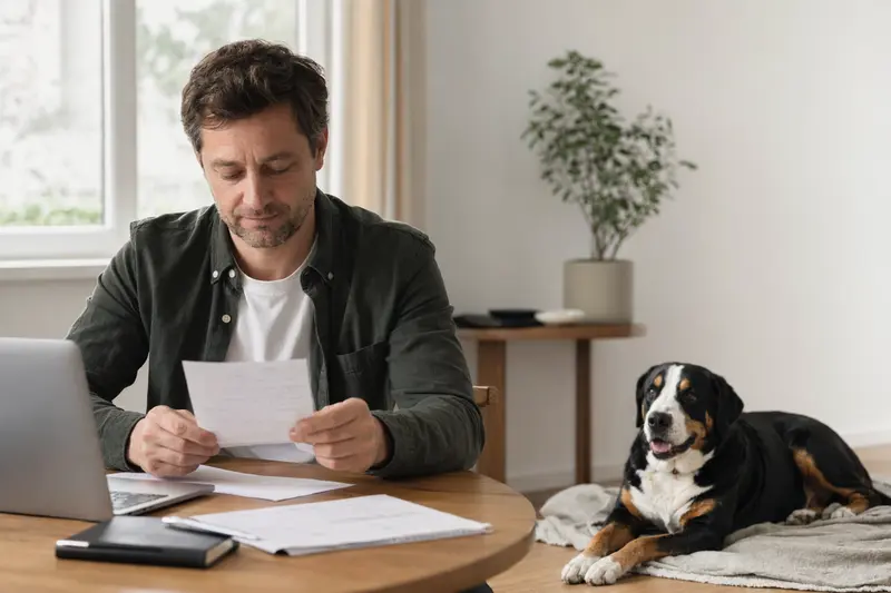 Ein Hundehalter sitzt mit einer Tierarztrechnung am Tisch, während ein entspannter Großer Schweizer Sennenhund auf einer Decke liegt und die Tierarztkosten ruhig im häuslichen Umfeld thematisiert werden.