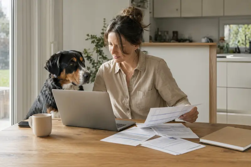 Ein Großer Schweizer Sennenhund sitzt ruhig neben seinem Besitzer am Küchentisch, auf dem Versicherungsunterlagen und ein Laptop liegen.