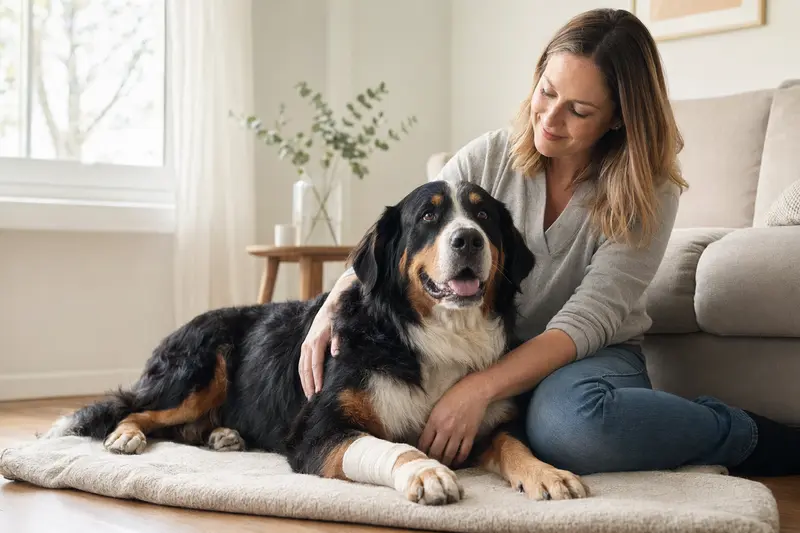 Ein Großer Schweizer Sennenhund mit Verband an der Pfote liegt entspannt auf einer Decke, während sein Besitzer erleichtert daneben sitzt.