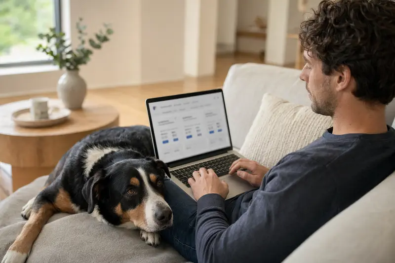 Ein Besitzer arbeitet am Laptop auf dem Sofa, während ein Großer Schweizer Sennenhund daneben sitzt, in einer ruhigen Wohnung.