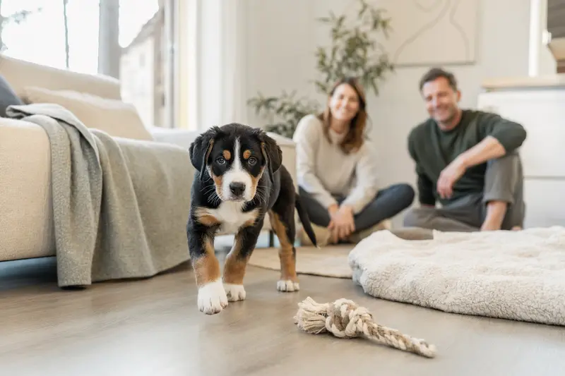 Ein neugieriger Großer Schweizer Sennenhund Welpe erkundet seine sichere und liebevolle Umgebung.