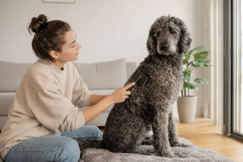 Ein Großpudel wird in einer hellen Wohnung sanft von seinem Besitzer gebürstet, während die liebevolle Fellpflege den Fokus auf Gesundheit und Verantwortung legt.