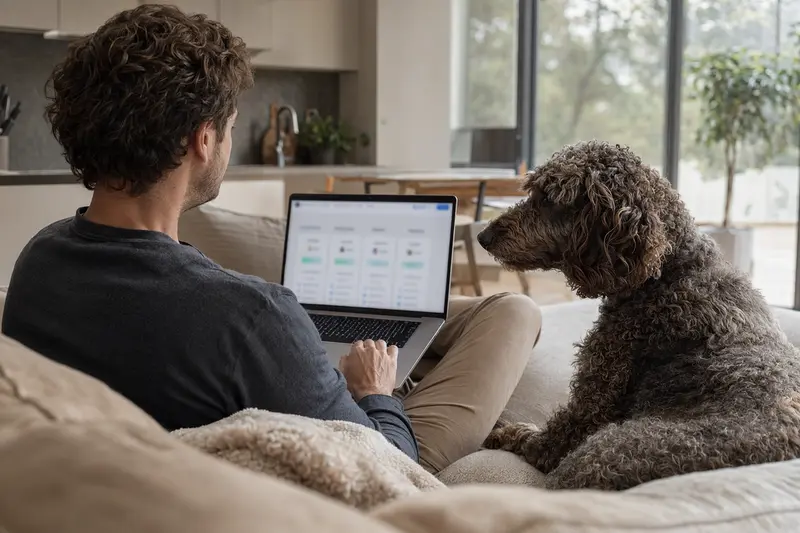 Ein Hundebesitzer arbeitet mit seinem Laptop im Wohnzimmer, während ein Großpudel entspannt neben ihm sitzt.