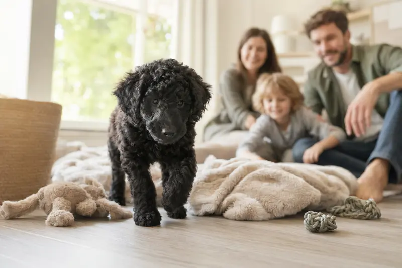 Ein junger Großpudel Welpe erkundet neugierig sein neues Zuhause mit Spielzeug und einer liebevollen Familie im Hintergrund.