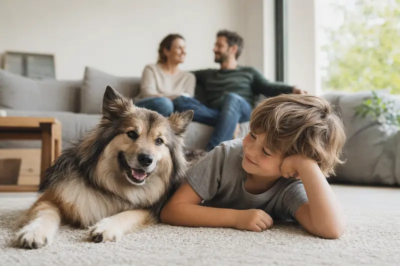 Ein freundlicher Großspitz liegt entspannt neben einem Kind im Wohnzimmer, während die Eltern im Hintergrund eine helle und sichere Familienatmosphäre schaffen.