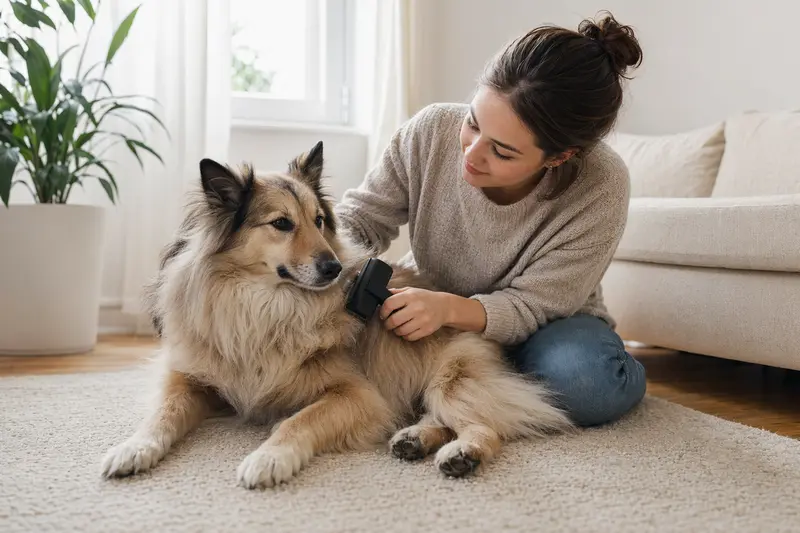 Ein Großspitz wird in einer hellen Wohnung liebevoll von seinem Besitzer gebürstet, was die sorgfältige Fellpflege und verantwortungsvolle Hundehaltung zeigt.