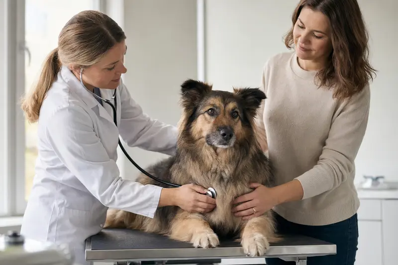 Ein ruhiger Großspitz Hund wird behutsam von einer freundlichen Tierärztin mit einem Stethoskop in einer modernen Tierarztpraxis untersucht.