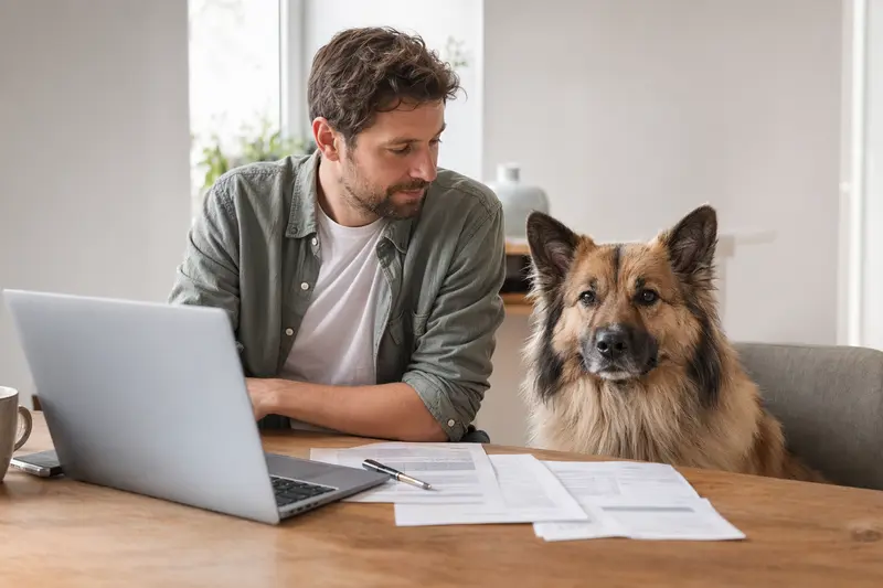 Ein Großspitz sitzt ruhig neben seinem Besitzer am Küchentisch mit Versicherungsunterlagen und einem Laptop.