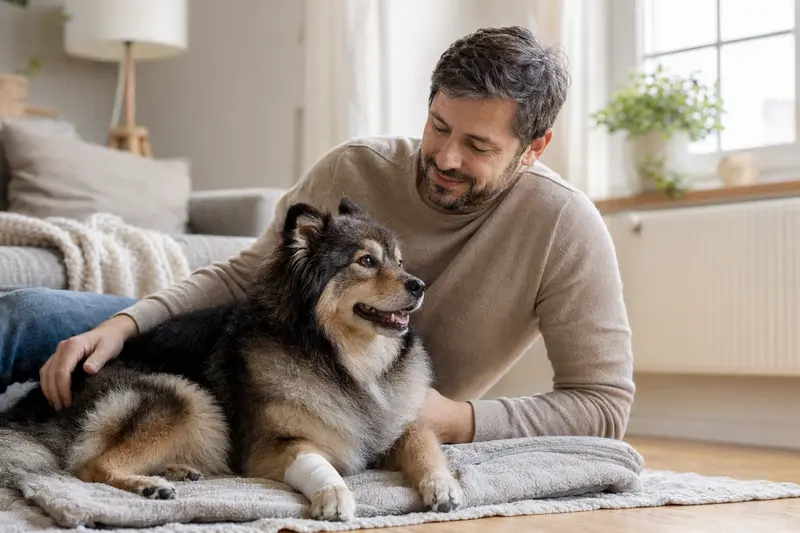 Ein Großspitz Hund mit Verband an der Pfote liegt entspannt auf einer Decke, während sein Besitzer erleichtert neben ihm sitzt.