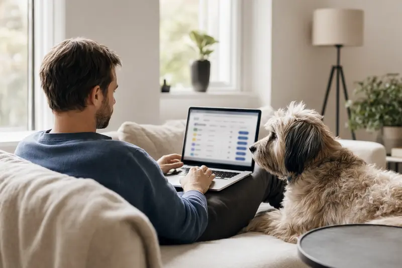 Ein Hundebesitzer sitzt mit einem Großspitz und einem Laptop auf dem Sofa und vergleicht Tierversicherungen.