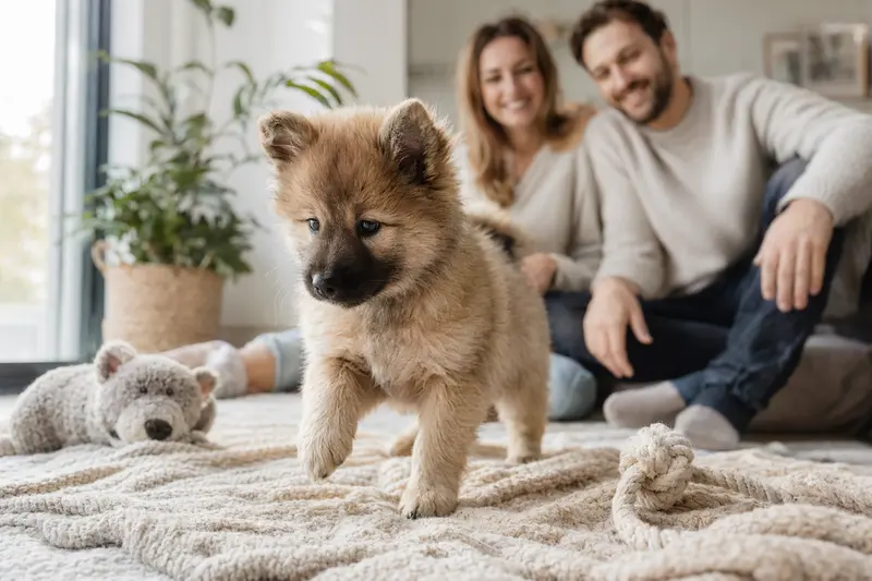 Ein neugieriger Großspitz Welpe erkundet sein neues Zuhause mit einer weichen Decke und Spielzeug, während eine liebevolle Familie im Hintergrund zu sehen ist.