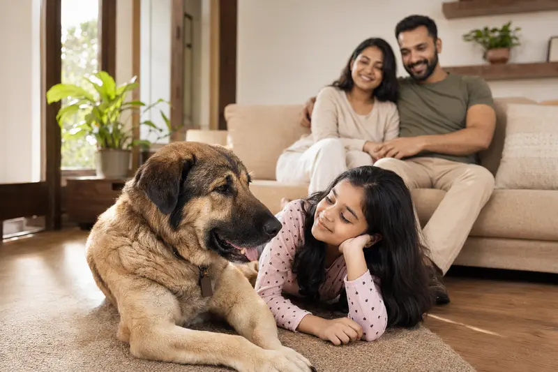 Ein freundlicher Gujjar Watchdog Hund liegt entspannt neben einem Kind im hellen Wohnzimmer und vermittelt eine sichere Familienatmosphäre.
