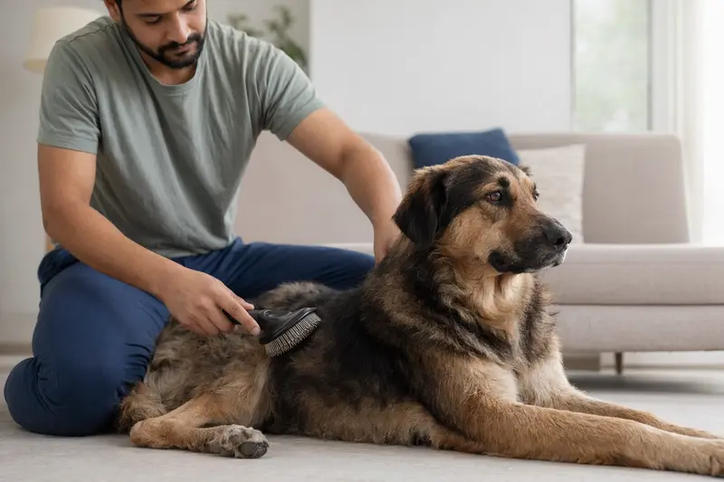 Ein Gujjar Watchdog Hund wird in einer hellen Wohnung sanft gebürstet, während sein Besitzer die Fellpflege liebevoll übernimmt.