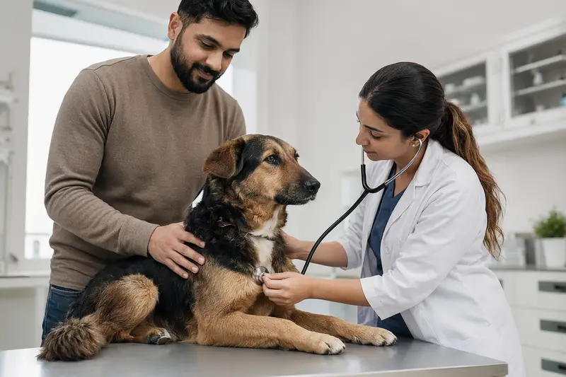Ein Gujjar Watchdog Hund wird behutsam von einer Tierärztin mit einem Stethoskop in einer modernen Praxis untersucht.