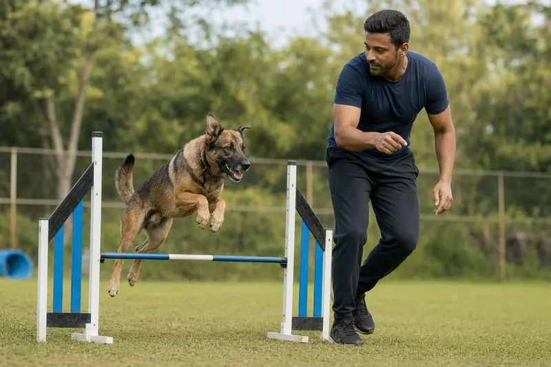 Ein aktiver Gujjar Watchdog Hund springt mit seinem Besitzer über eine kleine Trainingshürde auf dem Hundeplatz.