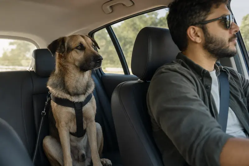Ein Gujjar Watchdog Hund sitzt sicher angeschnallt auf der Rückbank eines Autos, während der Besitzer fährt.