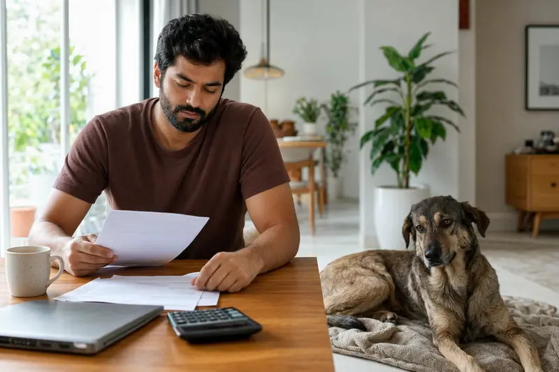 Ein Hundehalter sitzt mit einer Tierarztrechnung am Tisch, während ein entspannter Gujjar Watchdog auf einer Decke liegt und die ruhige Wohnung eine lösungsorientierte Stimmung vermittelt.