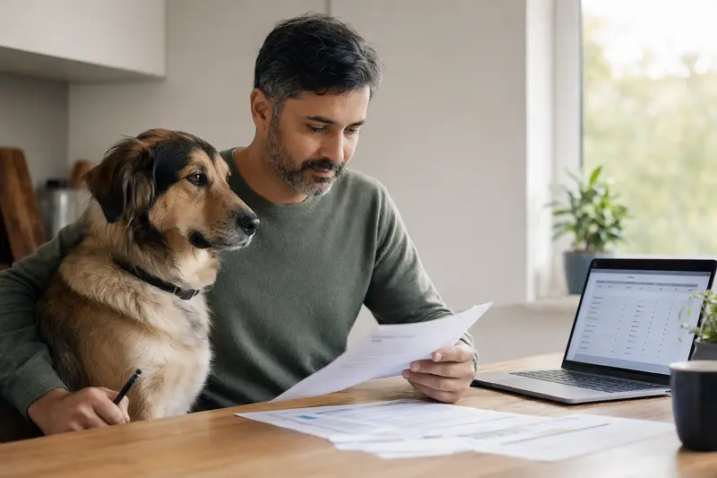 Ein Gujjar Watchdog Hund sitzt ruhig neben seinem Besitzer am Küchentisch, während Versicherungsunterlagen und ein Laptop sichtbar sind.