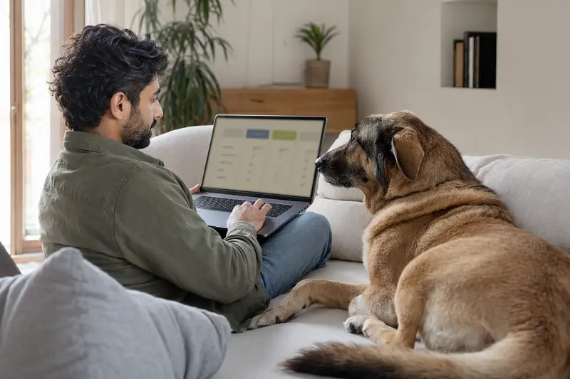 Ein Hundebesitzer sitzt mit seinem Gujjar Watchdog auf dem Sofa und vergleicht Tierkrankenversicherungen auf einem Laptop in seiner modernen Wohnung.