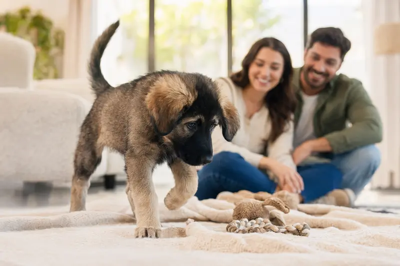 Ein junger Gujjar Watchdog Welpe erkundet neugierig seine neue, freundliche Wohnung mit liebevoller Familie im Hintergrund.
