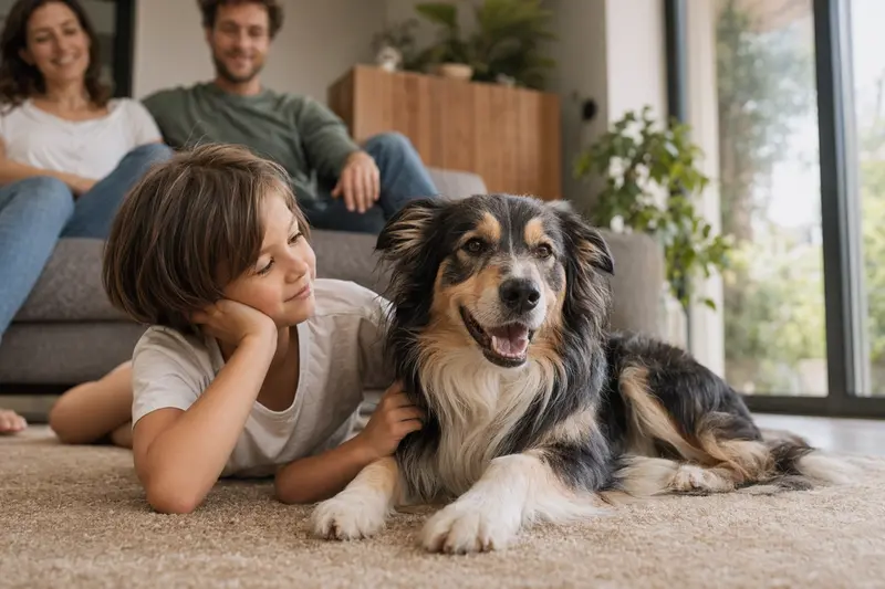 Ein freundlicher Collie liegt entspannt neben einem Kind im Wohnzimmer, während die Eltern im Hintergrund eine sichere Familienatmosphäre schaffen.