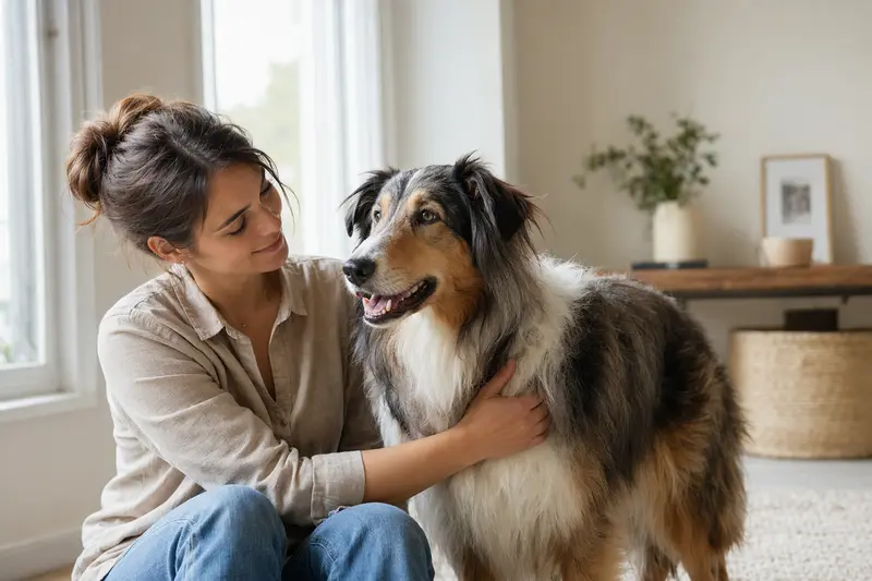 Ein Hairy Mou ed Collie steht aufmerksam in natürlicher Haltung vor hellem Hintergrund und zeigt die typische Fellstruktur der Rasse.
