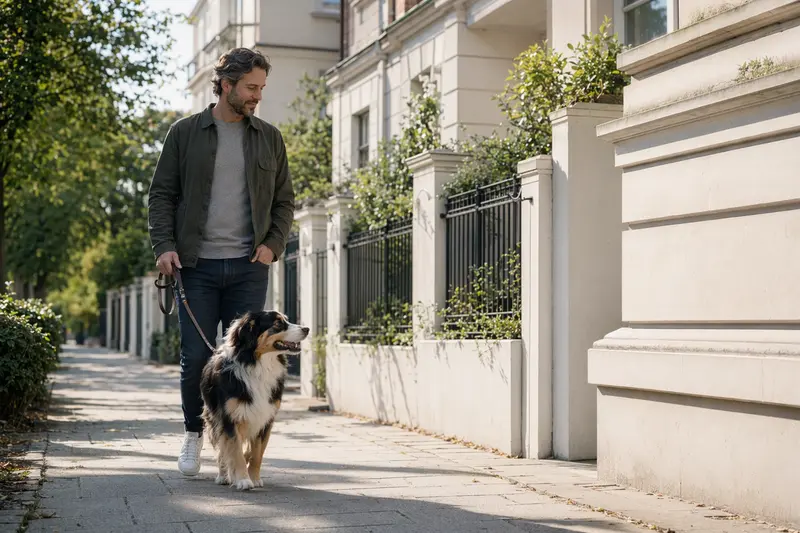 Ein Old English Sheepdog läuft an der Leine mit seinem Besitzer durch eine moderne Stadtstraße.