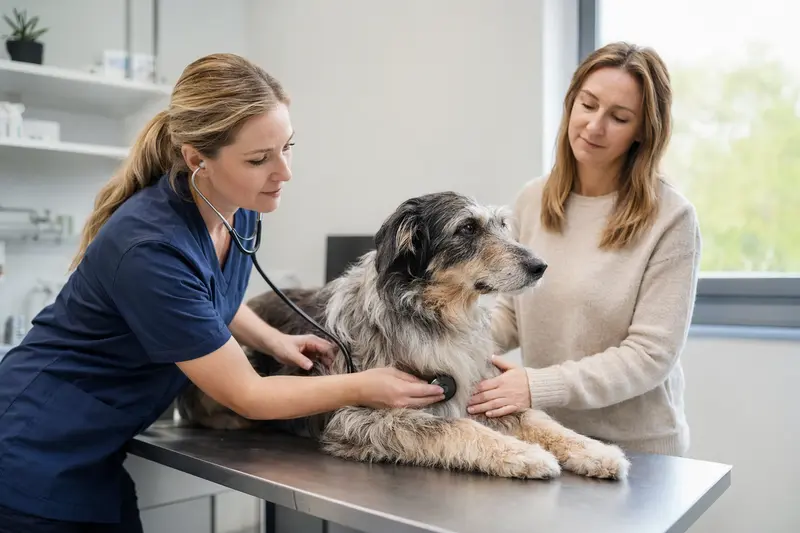 Ein ruhiger Hairy Mou ed Collie Hund auf einem Untersuchungstisch in einer modernen Tierarztpraxis wird von einer freundlichen Tierärztin mit Stethoskop untersucht.