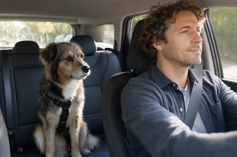 Ein Hairy Mou ed Collie Hund sitzt sicher angeschnallt auf der Rückbank eines Autos.