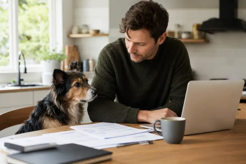 Ein ruhiger Hairy Mou ed Collie sitzt neben seinem Besitzer am Küchentisch, auf dem Versicherungsunterlagen und ein Laptop liegen.