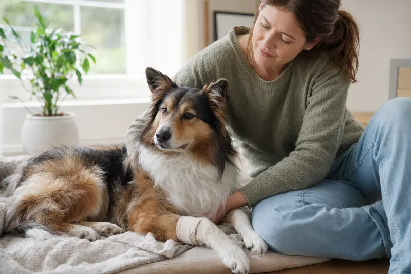 Ein entspannter Hairy Mou ed Collie mit leichtem Verband liegt neben seinem erleichterten Besitzer in einer hellen Wohnung.