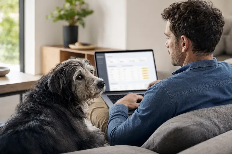 Besitzer sitzt mit Laptop auf dem Sofa und hat seinen Hairy Mou ed Collie Hund neben sich, während eine neutrale Versicherungsvergleichs-Oberfläche auf dem Bildschirm angezeigt wird.