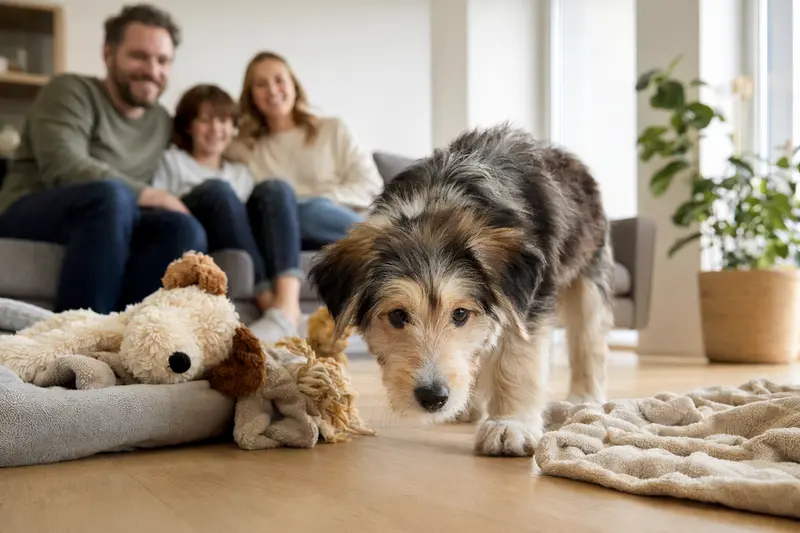 Ein junger Hairy Mou ed Collie Welpe erkundet neugierig sein neues Zuhause mit Familie im Hintergrund.