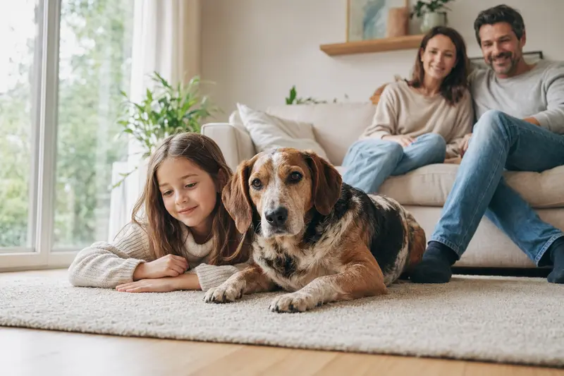 Ein Halden-Stövare Hund liegt entspannt neben einem Kind im Wohnzimmer in einer sicheren Familienatmosphäre.