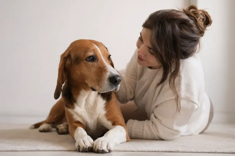 Ein Halden-Stövare Hund steht aufmerksam vor hellem Hintergrund und zeigt seine typische Körperform und Fellstruktur im professionellen Tierportrait.