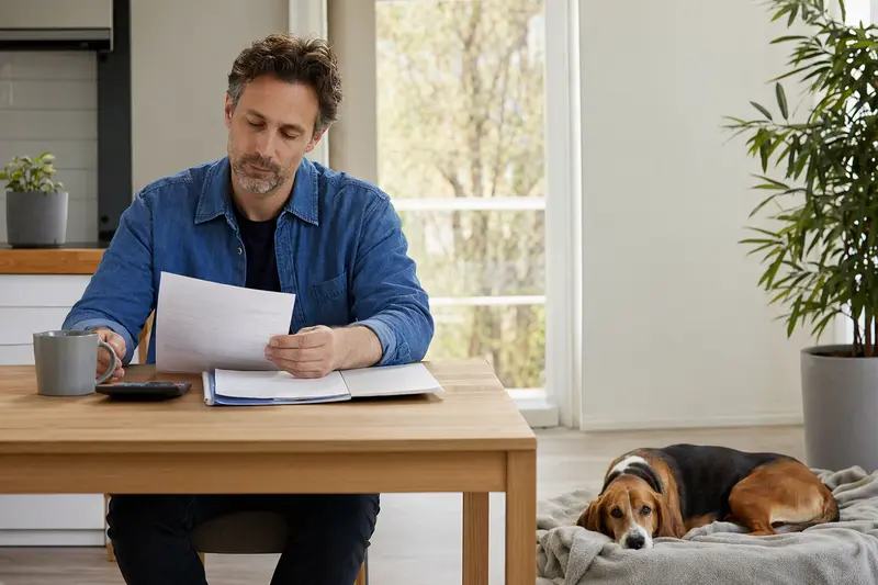 Ein Hundehalter sitzt mit einer Tierarztrechnung am Tisch, während ein entspannter Halden-Stövare auf einer Decke daneben liegt – ein ruhiges Bild zum Thema Tierarztkosten und Hundekrankenversicherung.