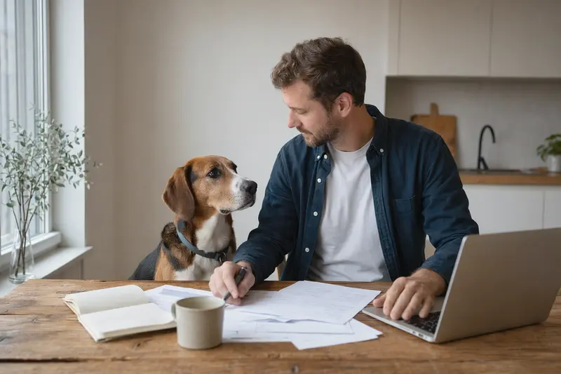 Ein Halden-Stövare Hund sitzt ruhig neben seinem Besitzer am Küchentisch, während auf dem Tisch Versicherungsunterlagen und ein Laptop liegen.
