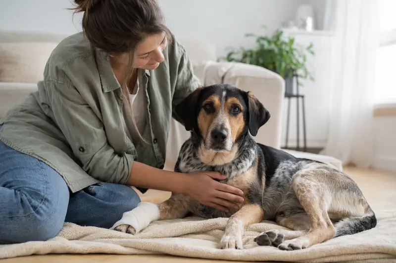 Ein Halden-Stövare Hund mit leichtem Verband liegt entspannt auf einer Decke neben seinem erleichterten Besitzer in einer hellen Wohnung.