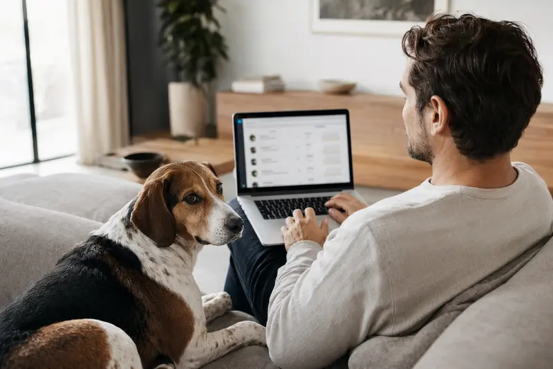 Ein Besitzer sitzt entspannt auf dem Sofa mit einem Halden-Stövare und vergleicht Tierkrankenversicherungen auf seinem Laptop.