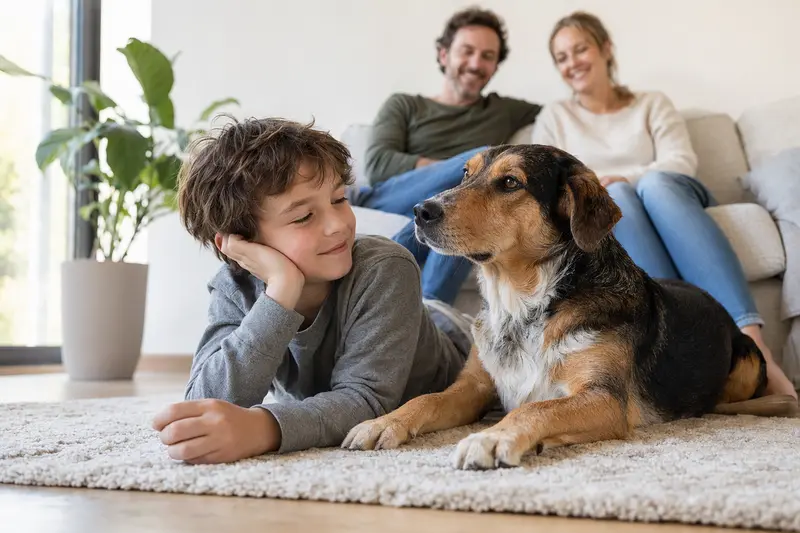 Freundlicher Haldenbracke-Hund liegt entspannt neben einem Kind im Wohnzimmer in einer sicheren Familienatmosphäre.