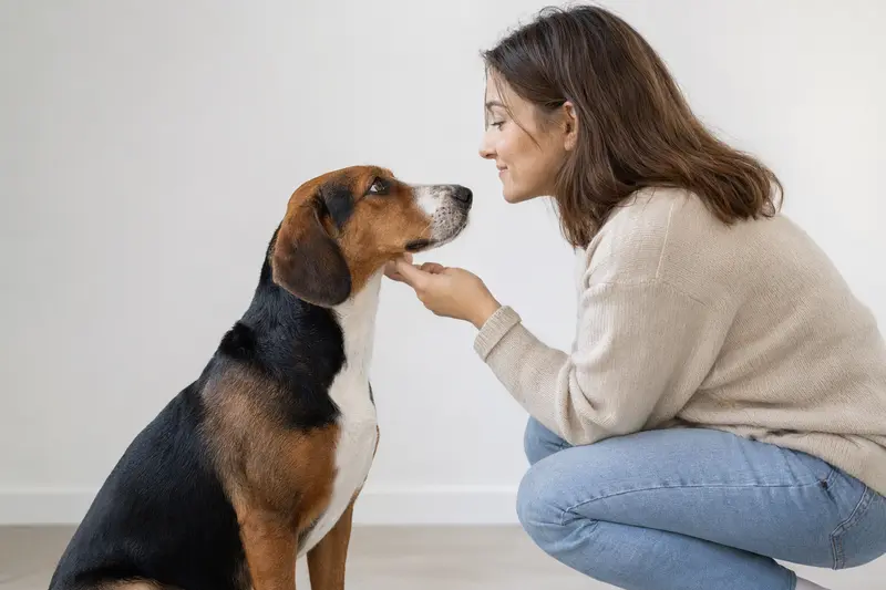 Aufmerksam stehender Haldenbracke-Hund in natürlicher Haltung vor hellem Hintergrund im professionellen Tierportrait.