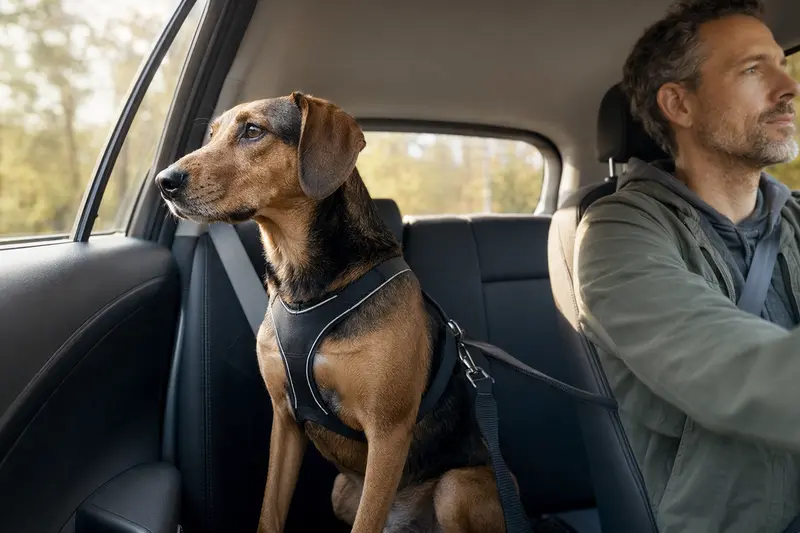 Ein Haldenbracke Hund sitzt sicher angeschnallt auf der Rückbank eines Autos, während der Besitzer fährt.