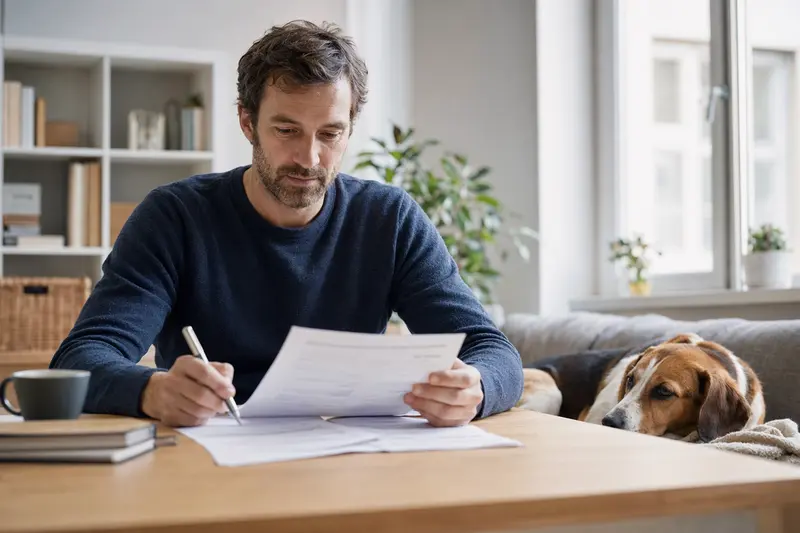 Ein Hundehalter sitzt mit einer Tierarztrechnung am Tisch, während ein entspannter Haldenbracke-Hund auf einer Decke daneben liegt.
