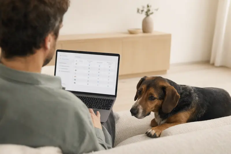 Besitzer mit Laptop auf dem Sofa, Haldenbracke Hund neben sich, der Bildschirm zeigt eine Versicherungsvergleichs-Oberfläche.