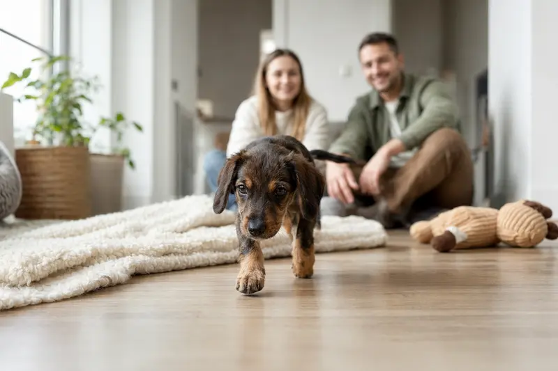Ein neugieriger Haldenbracke Welpe erkundet sein neues Zuhause mit liebevoller Familie im Hintergrund.