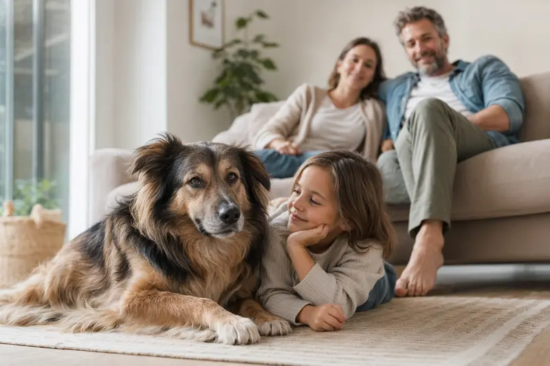 Ein Haldenlaufhund liegt entspannt neben einem Kind im hellen Wohnzimmer, während die Eltern im Hintergrund stehen und eine sichere Familienatmosphäre entsteht.