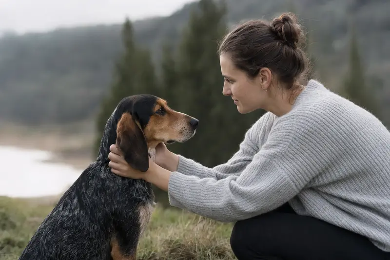 Haldenlaufhund steht aufmerksam in natürlicher Haltung vor hellem Hintergrund, als realistisches Hundeporträt mit klaren Fellstrukturen.