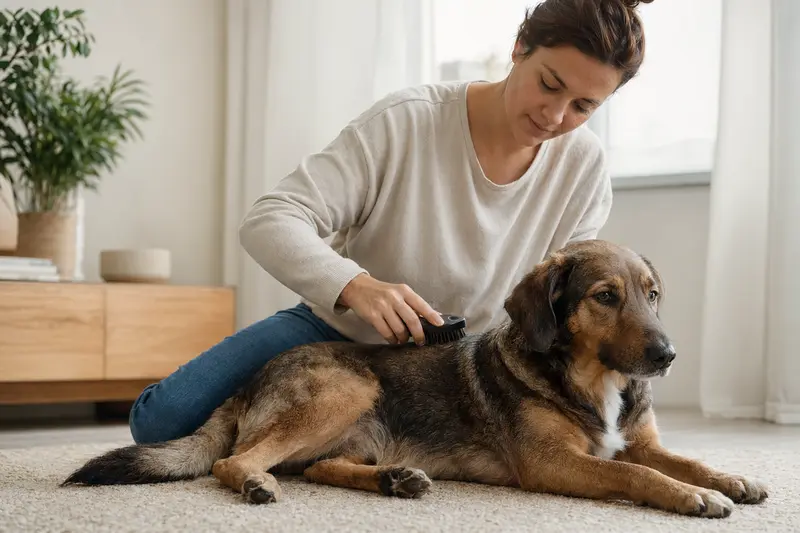 Ein Haldenlaufhund wird in einer hellen Wohnung sanft gebürstet, während sein Besitzer liebevoll die Fellpflege übernimmt.