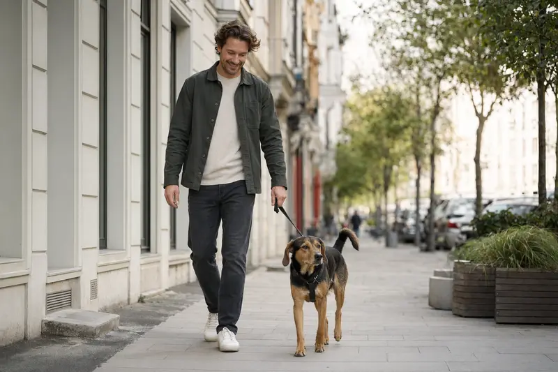 Ein Haldenlaufhund läuft entspannt an der Leine mit seinem Besitzer durch eine moderne Stadtstraße.